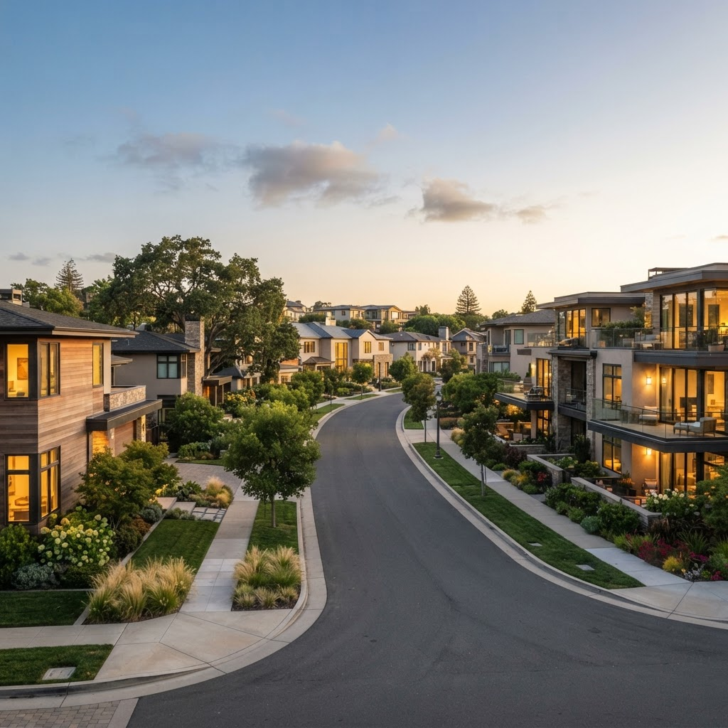 Modern upscale residential neighborhood at golden hour